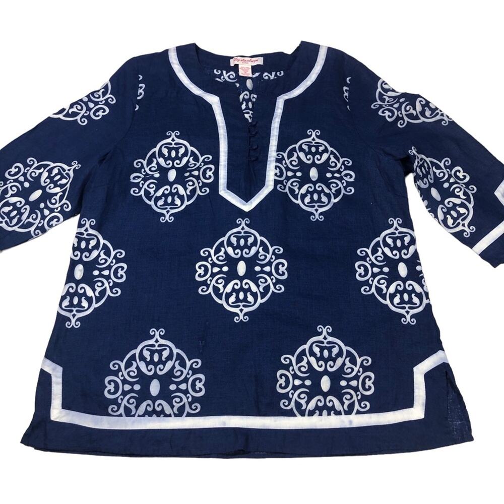 Lily Stanhope blue/white blouse 100% Linen 1X